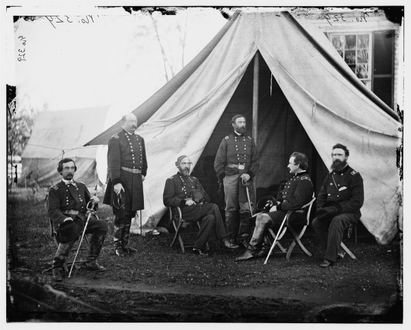 This image, taken in September 1863 outside Culpeper, shows Meade with several of his generals. From left to right we have Gouverneur Warren, then in temporary command of the II Corps while Winfield Scott Hancock recovered from his Gettysburg wound; William French, commanding the III Corps; Meade; Henry Hunt, the army's artillery chief, chief of staff Andrew Humphreys; and George Sykes (V Corps). 