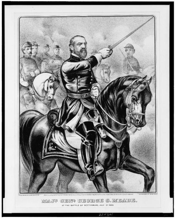 This Currier & Ives print from 1863 depicts a very heroic version of the victor of Gettysburg (Library of Congress). 