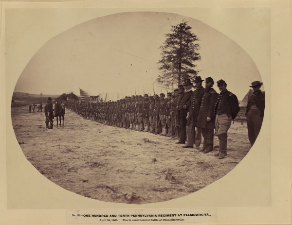 The 110th PA on April 24. According to a regimental history, "Due to reduced numbers, the regiment was consolidated early in 1863 into a battalion of six companies. The 110th, now assigned to the 2nd Brigade (Bowman), 3rd Division (Whipple) of the III Corps (Sickles) moved with Hooker's Army to Chancellorsville. Shifted about several times, on May 3, 1863 the 110th found itself engaged in furious battle near the Chancellor House opposing succeeding waves of Rebel troops. Here the division commander (General Whipple) and Colonel Crowther of the 110th were killed, and the regiment lost almost half its strength on this terrible field." (Library of Congress)