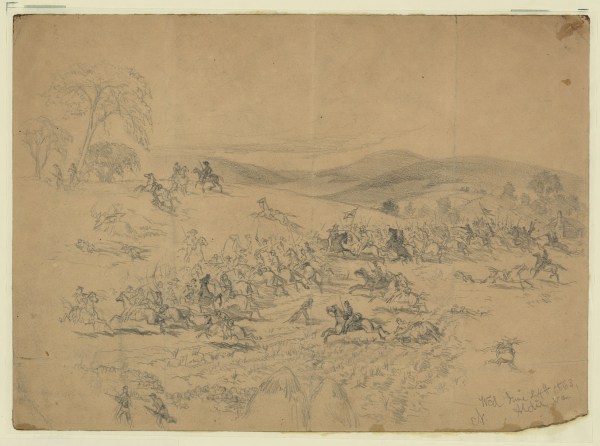 Artist Edwin Forbe titled this drawing, which he dated June 24, 1863, "Cavalry fight near Aldie, Va. During the march to Gettysburg; the Union Cavalry; commanded by Gen. Pleasonton, the Confederate by J.E.B. Stuart." (Library of Congress)