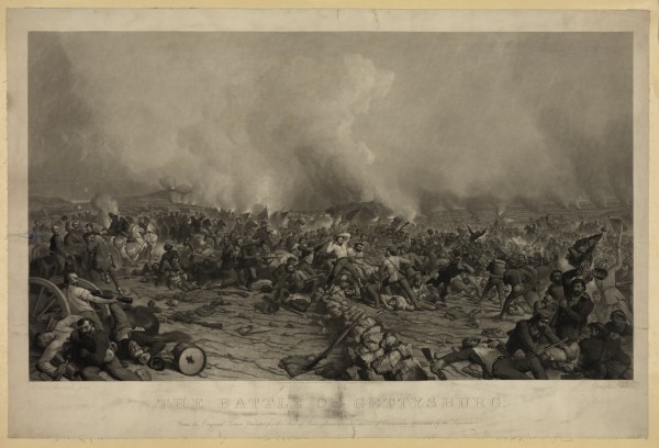 An engraving of Peter Rothermel's 1870 depiction of the fighting on July 3. This shows the climactic struggle at the Angle. Meade appears to the left. When he saw the original painting, Meade complained about the historical inaccuracy of having him on the front lines as his army was repulsing Pickett's charge. Rothermel defended the artistic license Library of Congress).