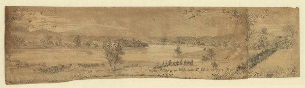  A drawing by Alfred Waud, labeled, "On the Potomac nr. Williamsport. Rebel crossing ; Rebel Pontoons at Falling Waters" (Library of Congress).