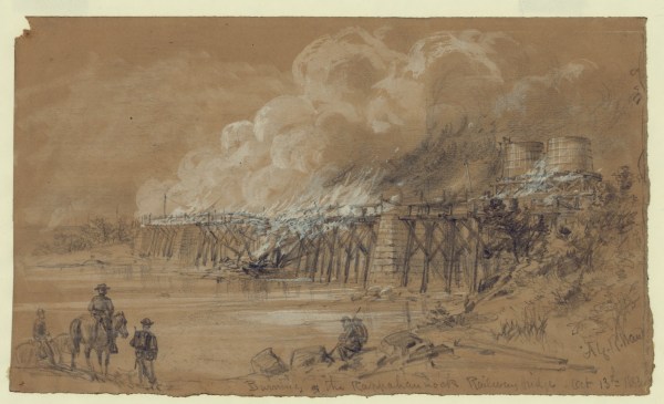 Artist Alfred Waud drew Union soldiers burning the railroad bridge at Rappahannock Station on October 13 as the Army of the Potomac fell back to keep from being outflanked (Library of Congress). Click to enlarge.