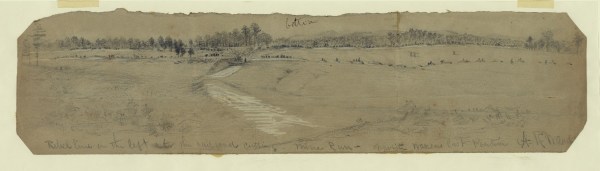 Alfred Waud titled this sketch "Rebel line on the left at the railroad cutting. Mine Run--opposite Warrens last position." Warren and then Meade both decided that Lee's entrenched position was too strong to attack. Click to enlarge (Library of Congress).