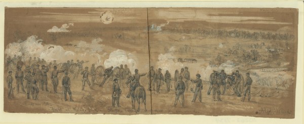 Alfred Waud drew Sleeper's Battery at work during the November 7 battle at Kelly's Ford, part of William French's diversionary attack during the Battle of Rappahannock Station (Library of Congress; click to enlarge).