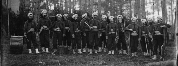 The 114th PA band, photographed at army headquarters, Brandy Station, in the spring of 1864 (Library of Congress).