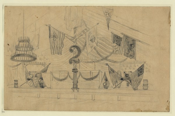 Edwin Forbes sketched the stand where the band played at the 2nd Corps' ball. Click to enlarge (Library of Congress).