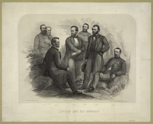 This print, titled "Lincoln and His Generals," shows the president with Admirals Porter and Farragut and Generals Sherman, Thomas, Grant and Sheridan. In typical fashion, Meade is not included (Library of Congress).