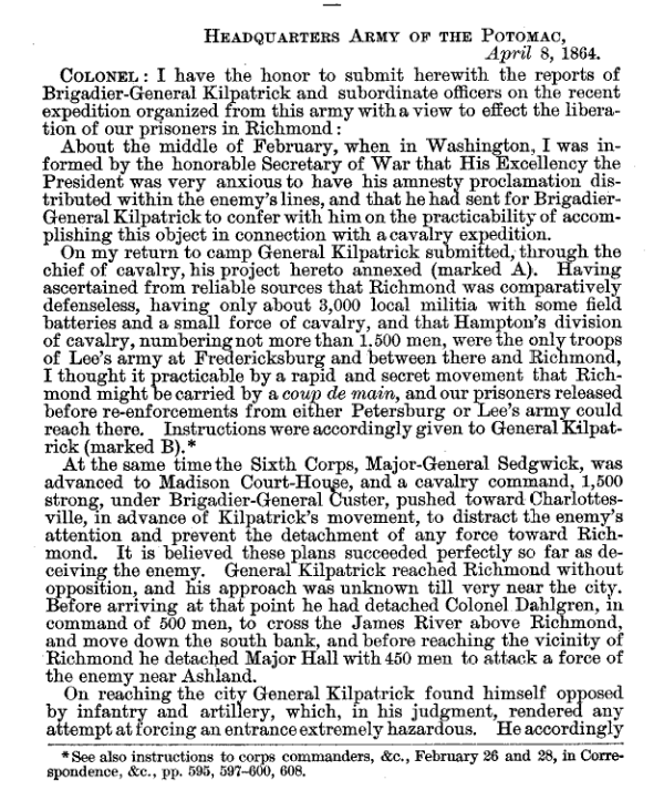 Meade's report on the Kilpatrick/Dahlgren raid, page 1