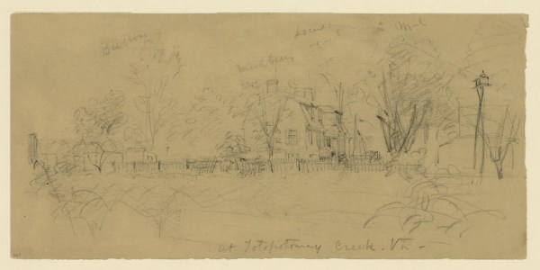 "At Totopotomoy Creek," a drawing Alfred Waud did around this time 150 years ago. Click to enlarge (Library of Congress).