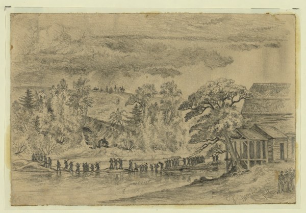 Edwin Forbes titled this sketch from May 23 "The Army of the Potomac (5th Corps) crossing the North Anna, at Jerico Ford." Click to enlarge (Library of Congress).