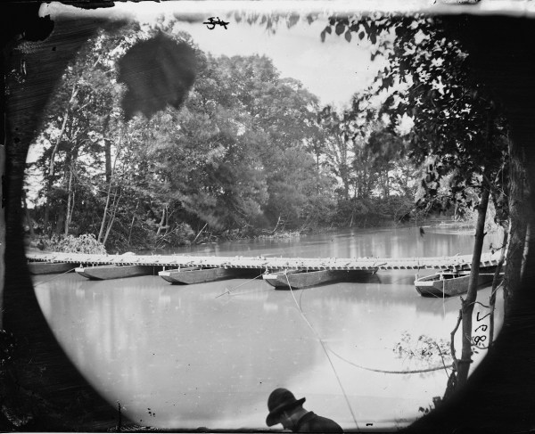 This Timothy O'Sullivan photo shows a second crossing of the Pamunkey at Nelson's. The setting today is remarkably similar to what it was like then, minus the pontoon bridge (Library of Congress).