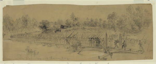 Alfred Waud depicted a portion of the Army of the Potomac crossing the Pamunkey River at Hanovertown on May 28. click to enlarge (Library of Congress).