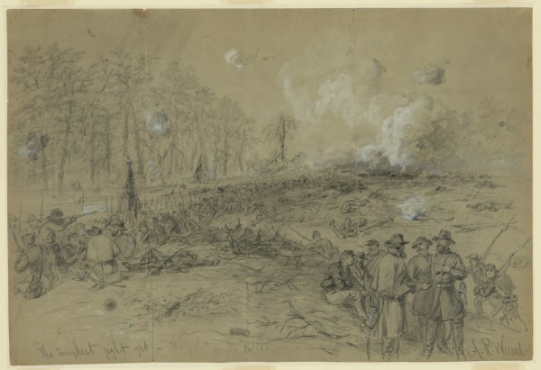 Alfred Waud called this sketch "The toughest fight yet. The fight for the salient" (Library of Congress. Click to enlarge).