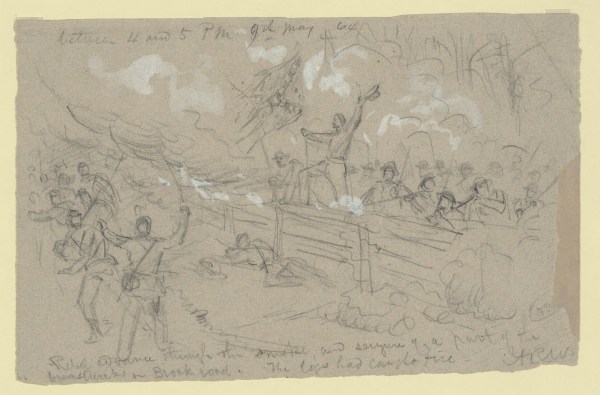 Artist Alfred Waud labeled this drawing "Rebel advance through the smoke, and seizure of a part of the breastworks on Brock road. The logs had caught fire." It depicted fighing that took place later in the day on May 6. Click to enlarge (Library of Congress).