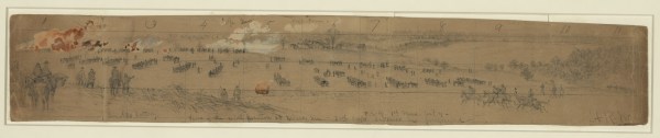 Alfred Waud labled this drawing "June 2nd Position nr. Cold Harbor--rifle pits in the front." On the back he wrote, "A union battery held this hill at the battle of Gaines Mill tenaciously from a position near the buildings looking to the right of the picture, at right angles to the present line of battle." Click to enlarge (Library of Congress).