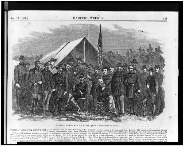 The image of Meade and his staff as translated into a Harper's engraving.