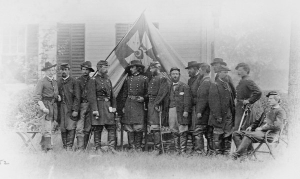 V Corps commander Gouverneur K. Warren and staff, photographed by Mathew Brady outside Petersburg on June 21. Warren had escaped Brady's attentions at Cold Harbor (Library of Congress).