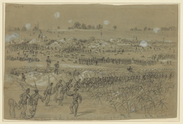 A depiction of the Battle of the Crater by Alfred Waud (Library of Congress).
