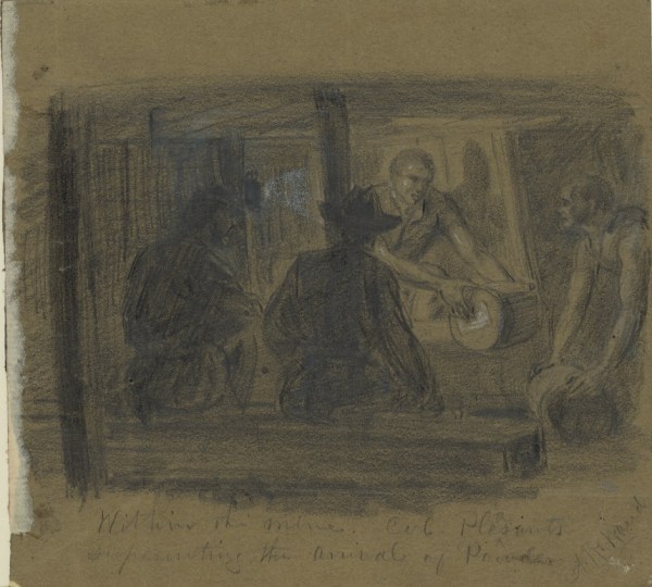 Artist Alfred Waud’s description of his drawing: Carrying powder into the mine. The soldiers detailed for this duty carried the power a keg in either end of a grain bag thrown across the shoulder. A portion of the c̀overed way' along which they had to pass, was exposed to the enemies fire. At the dangerous points they would watch their oppartunity[sic] and dash over the exposed ground into comparative safety (Library of Congress).