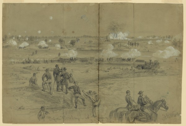 Artist Alfred Waud’s description of his drawing: Explosion of the mine under the Confederate works at Petersburg July 30th 1864. The spires in the distance mark the location of the city; along the crest, in front of them are the defensive works, it was an angle of these that was blown up, with its guns & defenders. The explosion was the signal for the simultaneous opening of the artillery and musketry of the Union lines. The pickets are seen running in from their pits & shelters on the front, to the outer line of attack. In the middle distance, are the magnificent 8 & 10 inch Mortar batteries, built and commanded by Col. Abbott. Nearer is a line of abandoned rifle pits, and in the foreground is the covered way, a sunken road for communication with the siege works and the conveyance of supplies and ammunition to the forts. The chief Engineer of the A. of P. is standing upon the embankment watching progress throw [sic] a field glass (Library of Congress). 