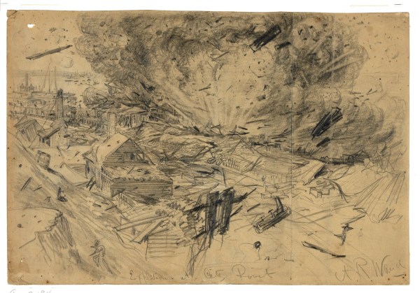 Alfred Waud depicted the explosion at City Point. Click to enlarge (Library of Congress).