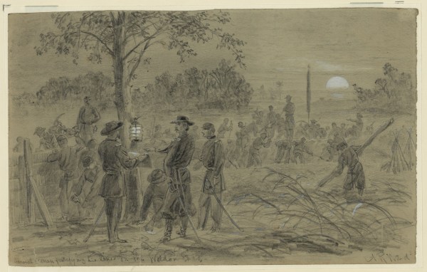 An Alfred Waud drawing depicts Gouverneur Warren at the Weldon Railroad, supervising the construction of entrenchments by moonlight Click to enlarge (Library of Congress).
