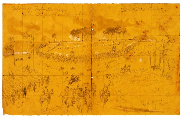 "Capture of Fort Harrison on the Chaffins Farm line of Works"by William Waud. Sketched on September 29, 1864 (Library of Congress).