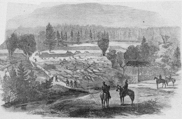 Armstrong's mills and rebel works on "Hatcher's Run, captured by the Second Corps, October 27, 1864 / sketched by C.H. Chapin," as it appeared in Harpers Weekly (Library of Congress).