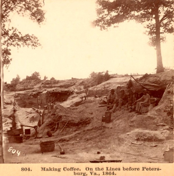 African-American soldiers make coffee in the Petersburg entrenchments (Library of Congress).