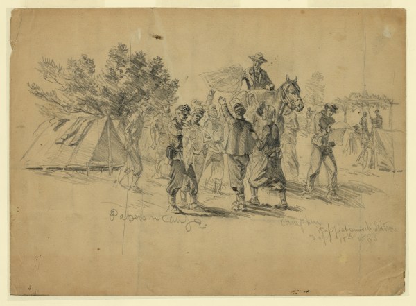 Edwin Forbes sketched the arrival in a Union cap at Rappahannock Station of newspapers from Washington. Click to enlarge (Library of Congress).