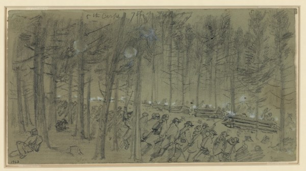 Alfred Waud sketched the fighting on February 7. On the back, he wrote, "The 1st Div 5th Corps charging some temporary breastworks of logs piled against trees on the morning of Tuesday 7th Feb. Thick pine woods. The ground smooth and covered with fine leaves. A.R.W. Near Hatchers Run." Click to enlarge (Library of Congress).