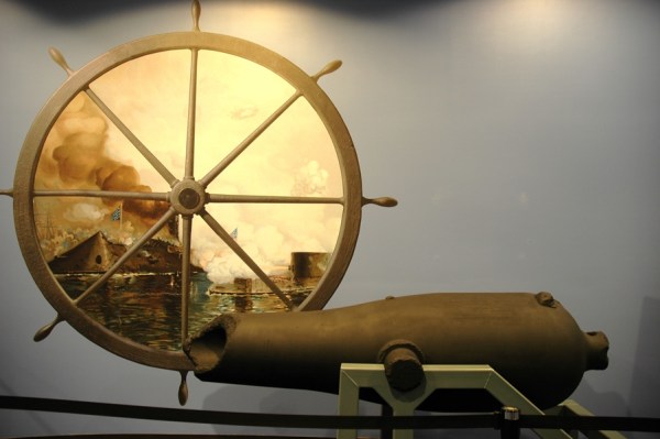 A gun from the CSS Virginia at the Mariners Museum. The damage at the muzzle was inflicted by the Monitor during the famous battle of the ironclads.