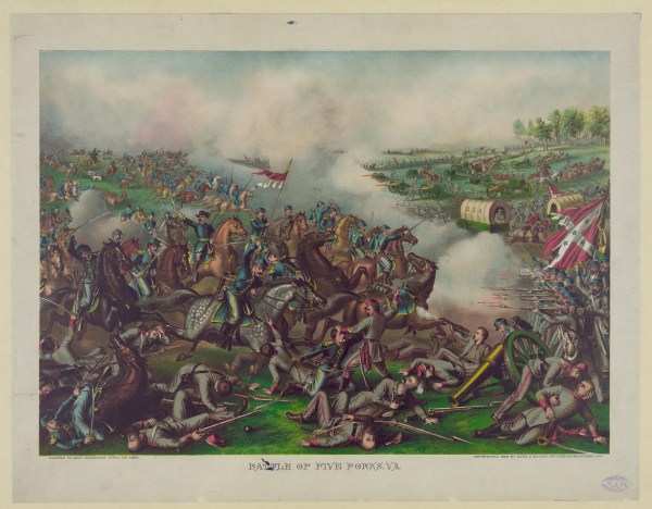 A print depicts Sheridan's attack at Five Forks. Click to enlarge (Library of Congress).