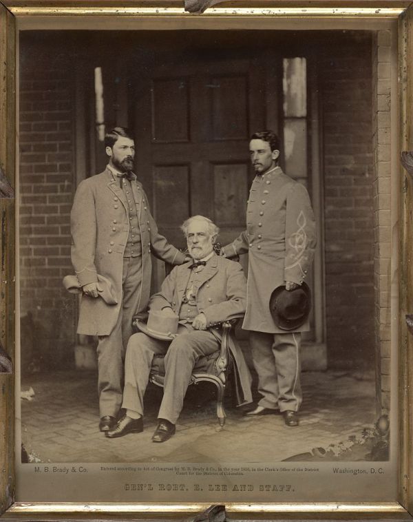 Robert E. Lee at 707 E. Franklin Street with son George Washington Custis Lee (left) and staffer Walter H. Taylor (Library of Congress).