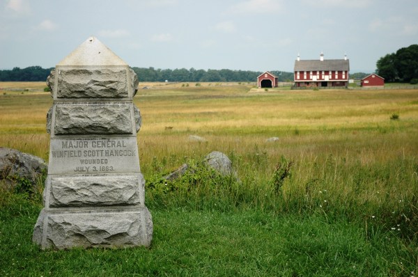 A marker indicates the spot where Hancock fell at Gettysburg on July 3, 1863 (Photo by Tom Huntington).